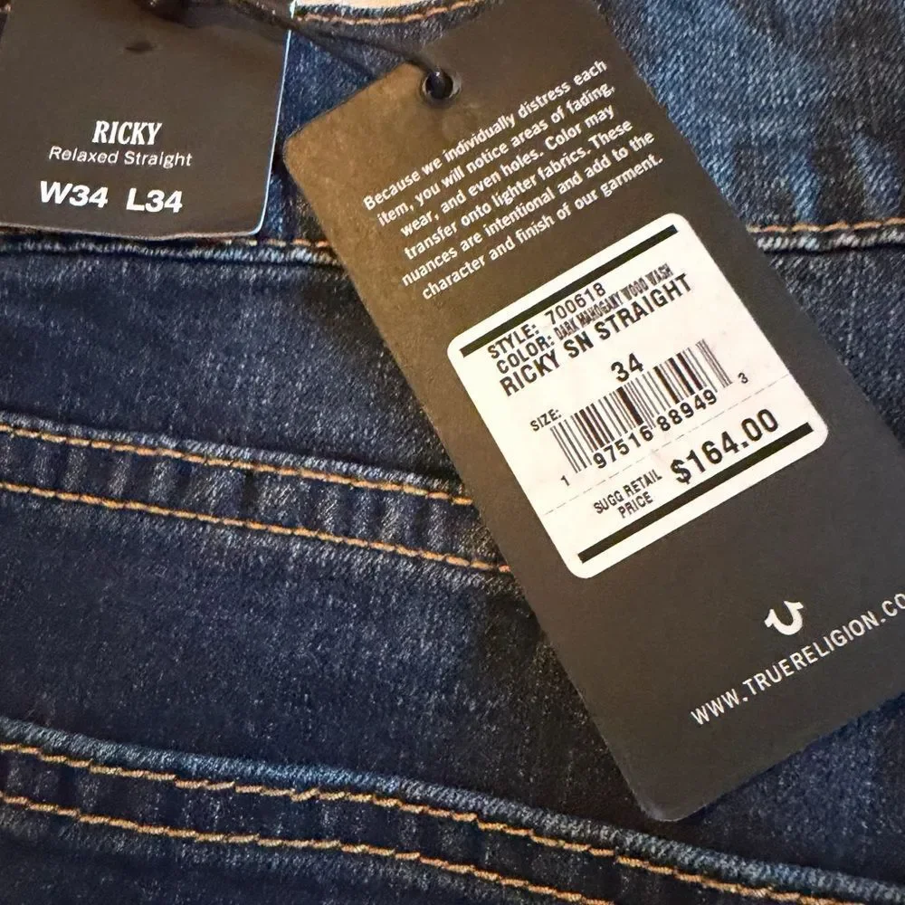 NWT True Religion Ricky Men's Straight Jeans W34/L34